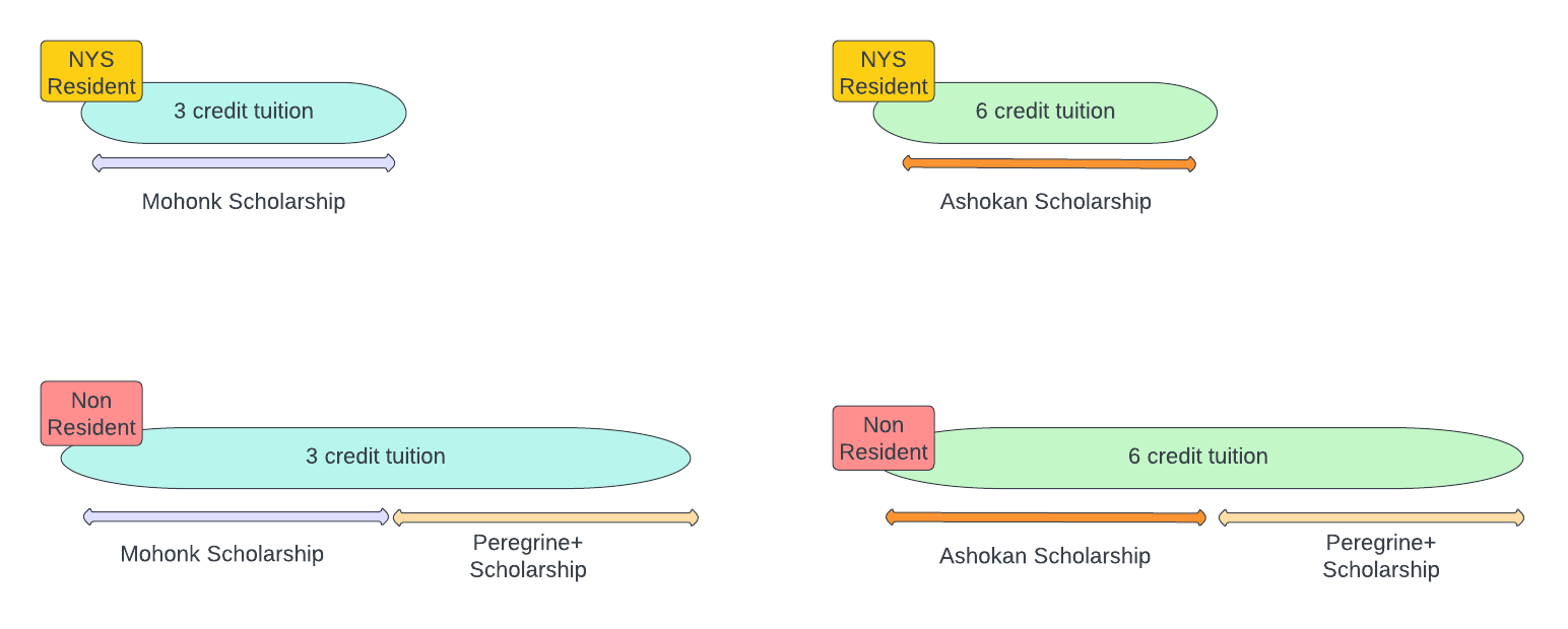 SUNY New Paltz has renamed 3cr and 6cr tuition waivers as scholarships. Mohonk Scholarship for 3cr waiver, Ashokan Scholarship for 6cr waiver for NYS residents AND Mohonk + Peregrine+ Scholarship for 3cr waiver, Ashokan + Peregrine+ Scholarship for 6cr waiver for Non Residents